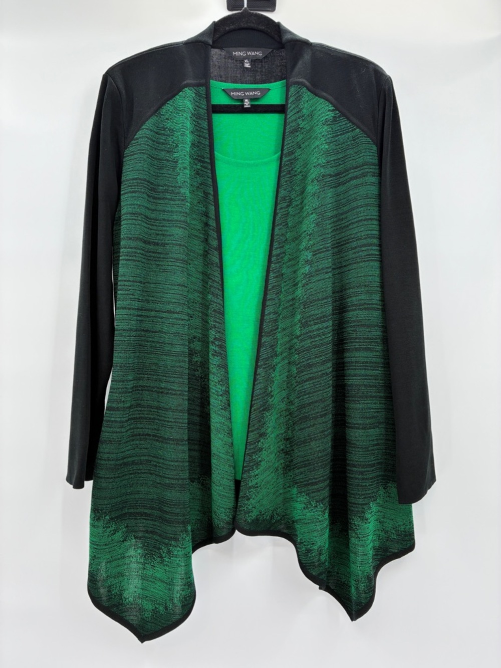 Ming Wang Womens Asymmetrical Stretch Knit Cardigan Tank Top Set Green Black XL